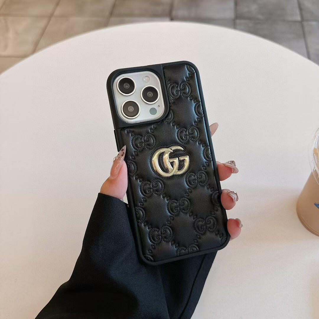 Gucci Embossed GG Monogram Metal Logo Premium Leather Luxury Phone Case