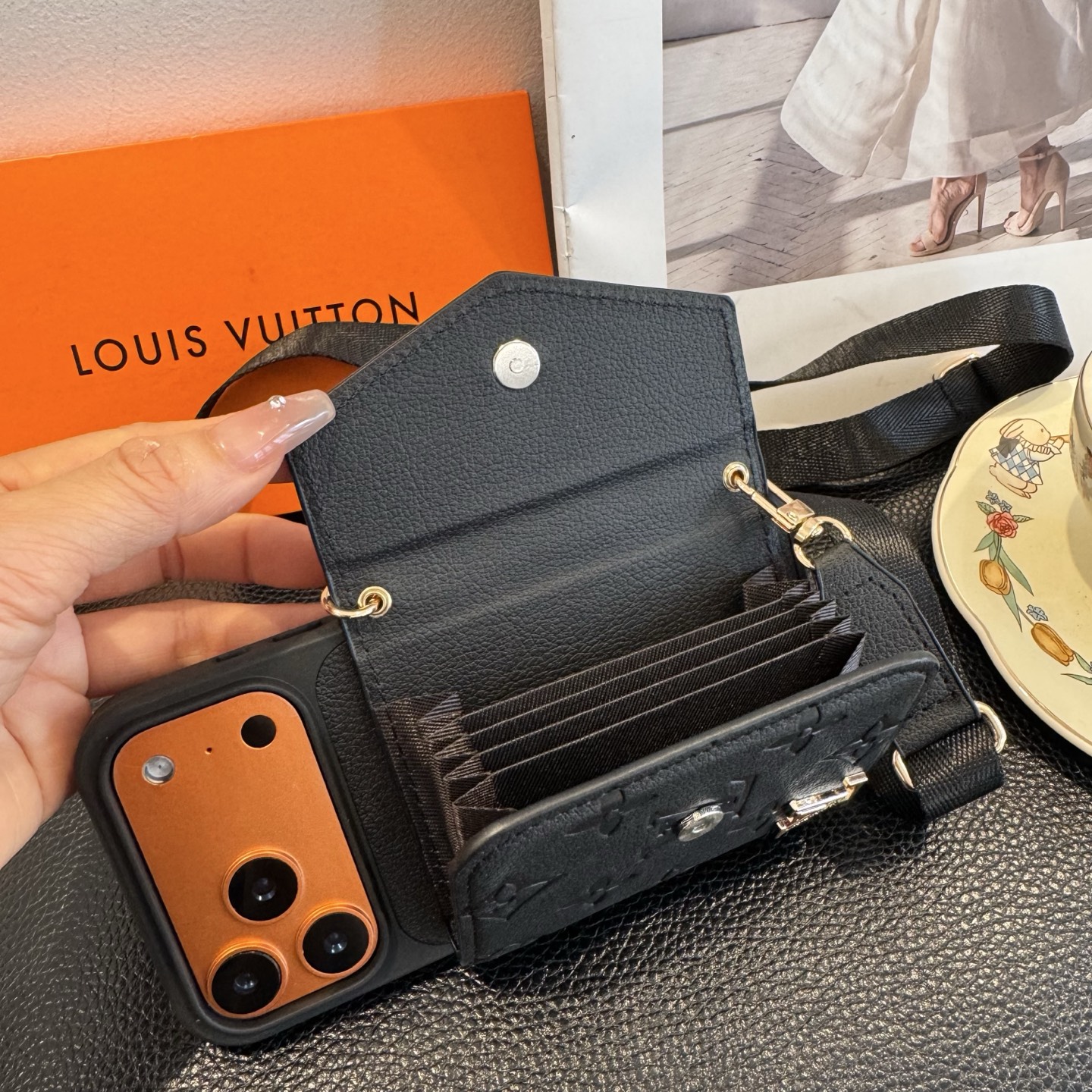 Louis Vuitton Embossed Monogram Card Holder Crossbody Strap Luxury Phone Case