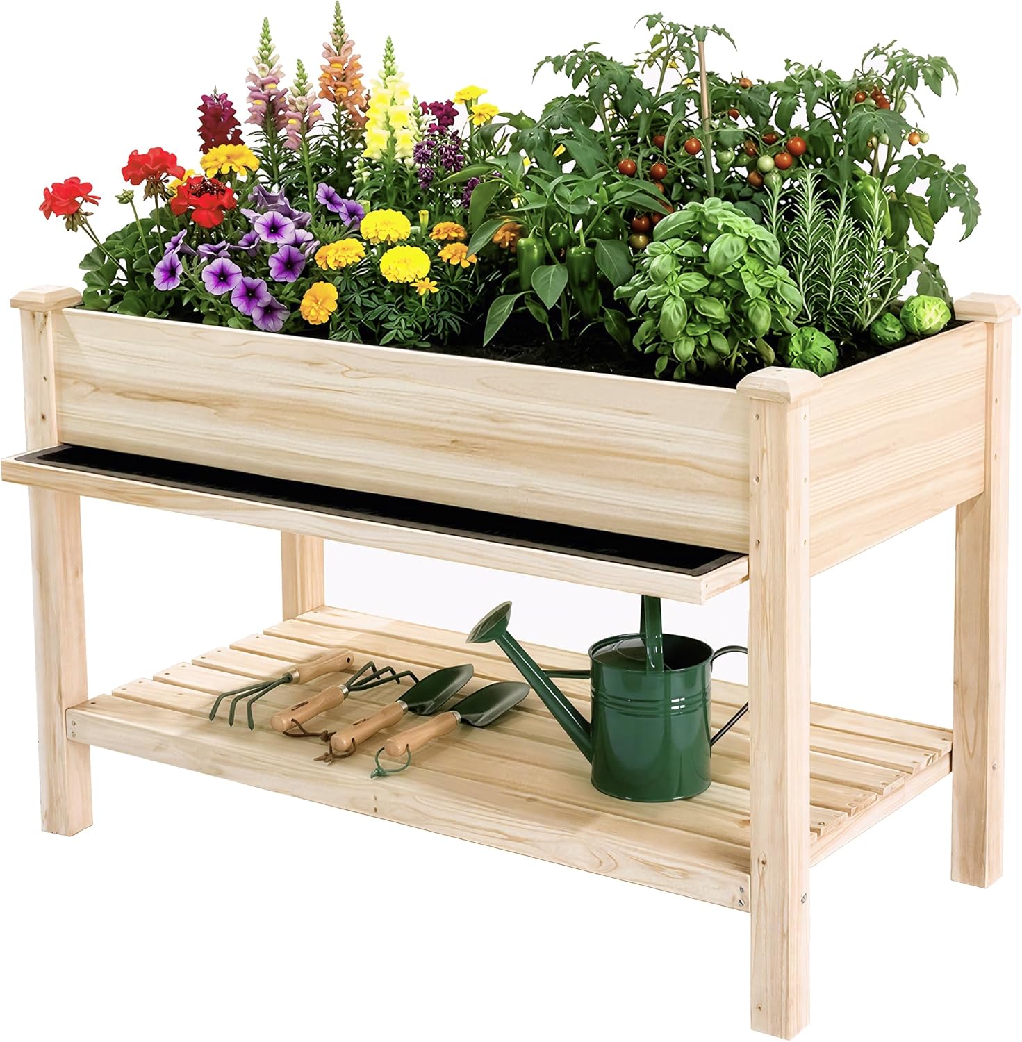QIHAI Outdoor Wood Raised Garden Bed,Storage Shelf, Elevated Reinforced Large Planter Box for Vegetable Flower Backyard Patio Gardening Balcony,48x23x31.1-inch