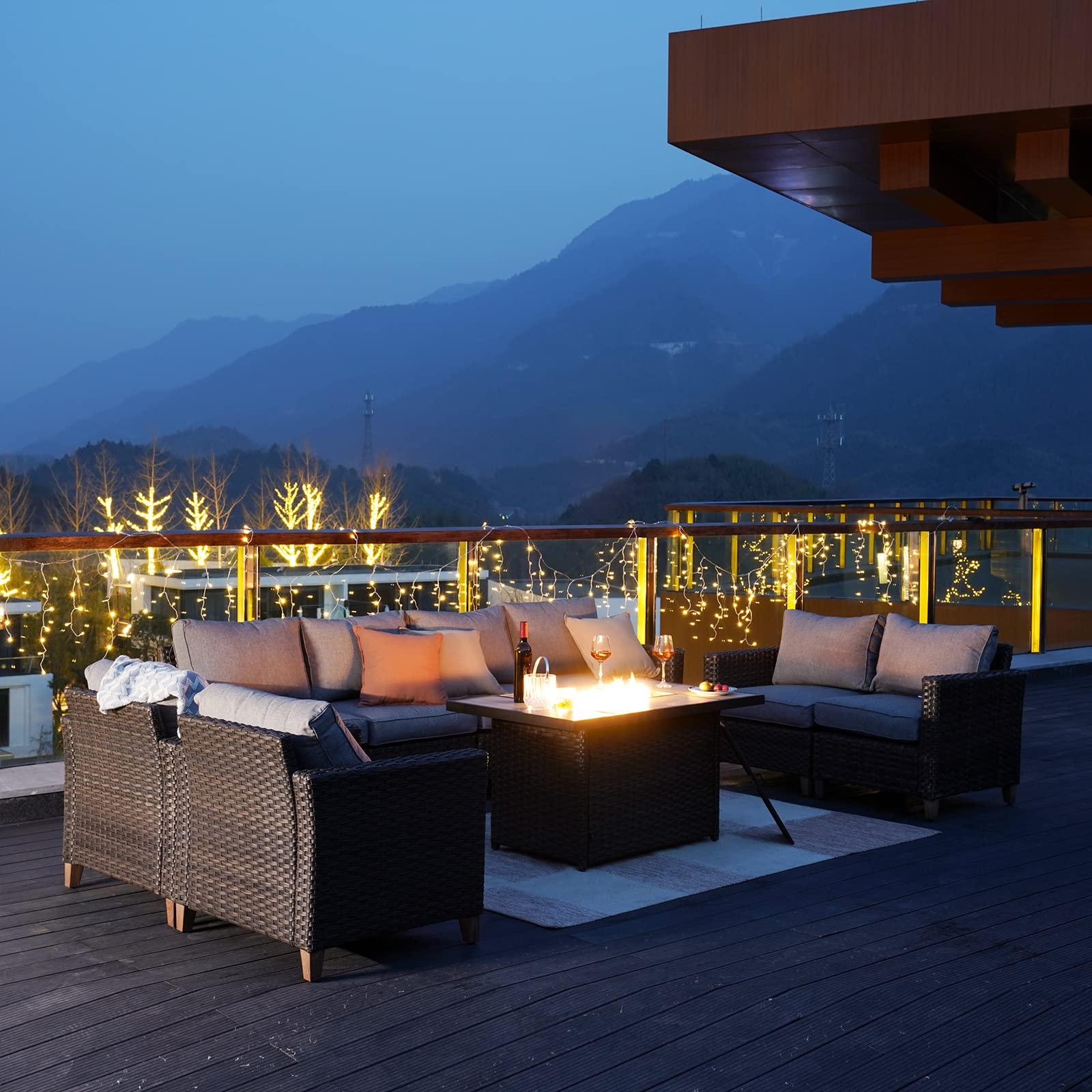 Patio Sofa Sets 9 Pcs Conversation Set with Fire Pit Table