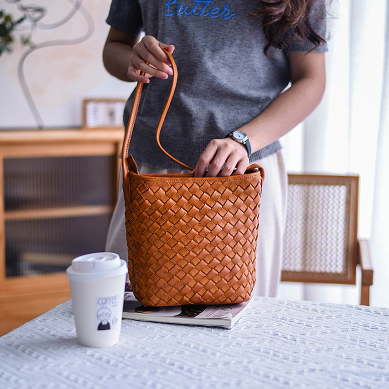 Handwoven Leather Bucket Tote