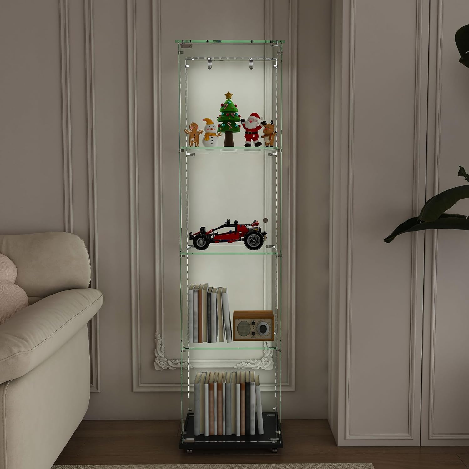 QIHAI Glass Display Cabinet,Premium 4-Tier Diamond Glass Display Case with 5 Dynamic LED Modes, Tempered Glass Curio Cabinet for Collectibles & Decor
