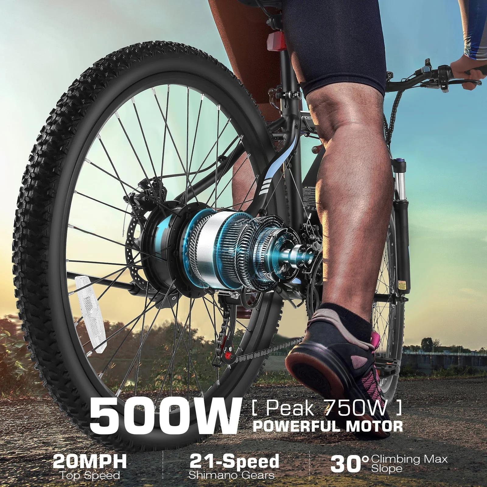 Funcid 26in Electric Mountain Bike, 500W, 48V, 21-Speed