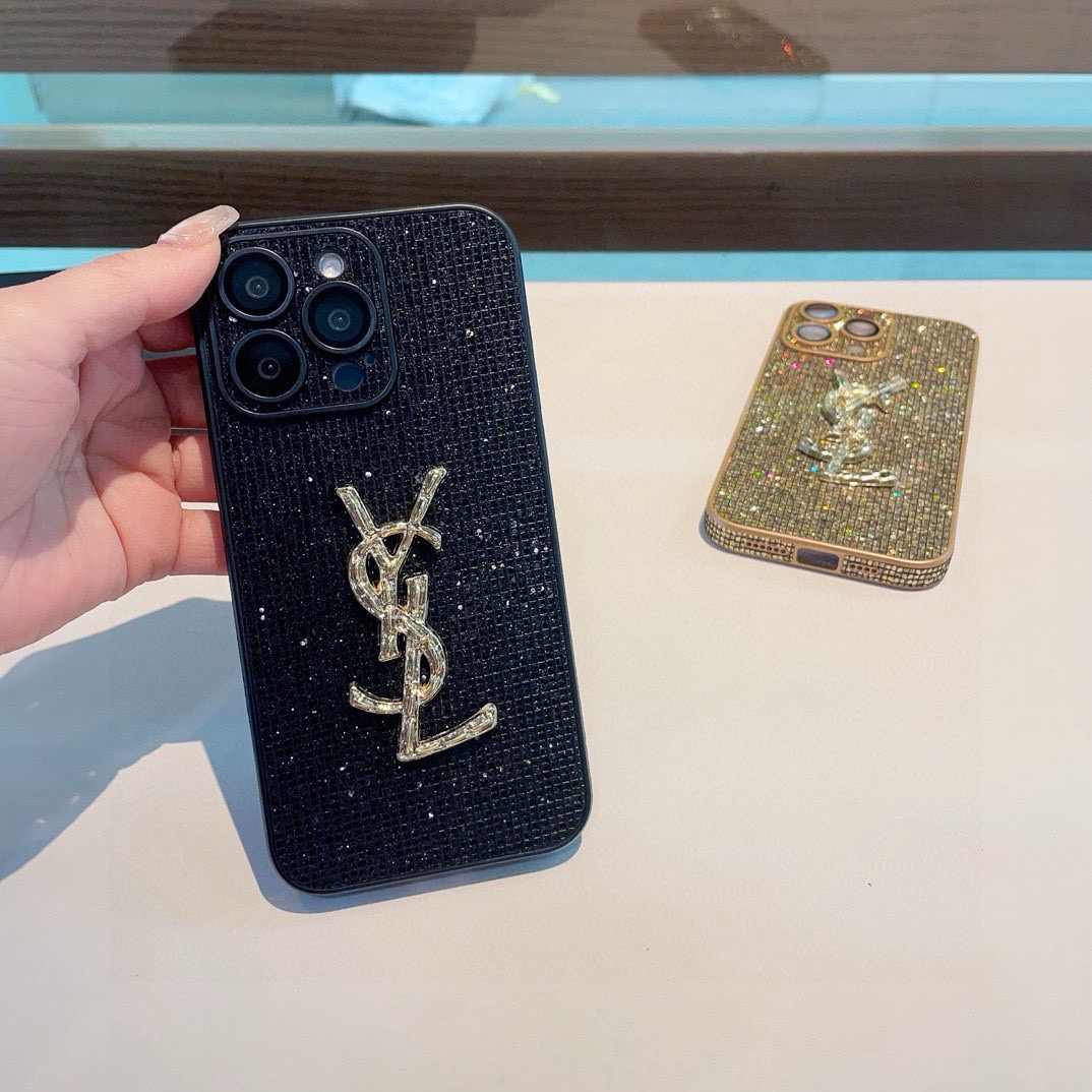 YSL Black Glitter Vertical Stripe 3D Gold Logo Luxury Phone Case