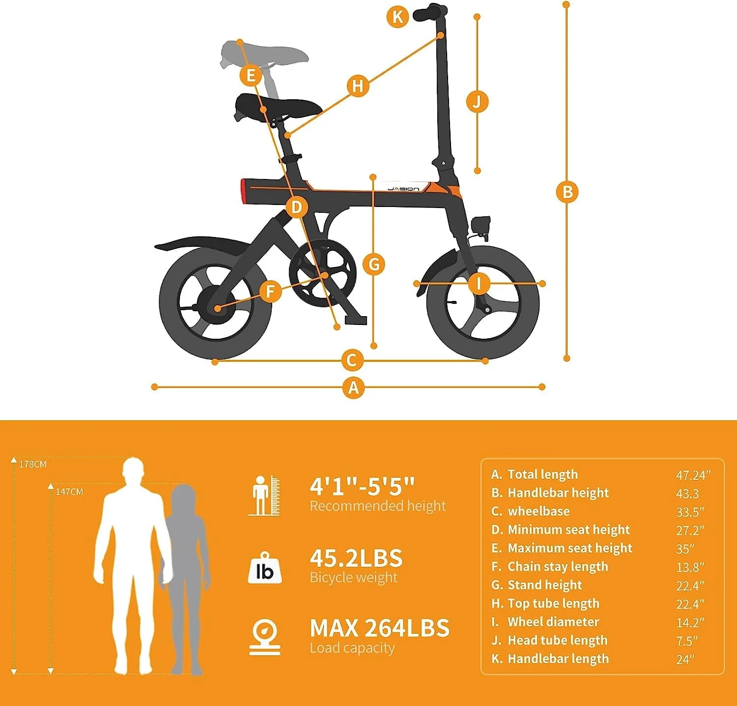 Jasion EB3 14in Folding Electric Bike, 350W, 36V 7.5Ah