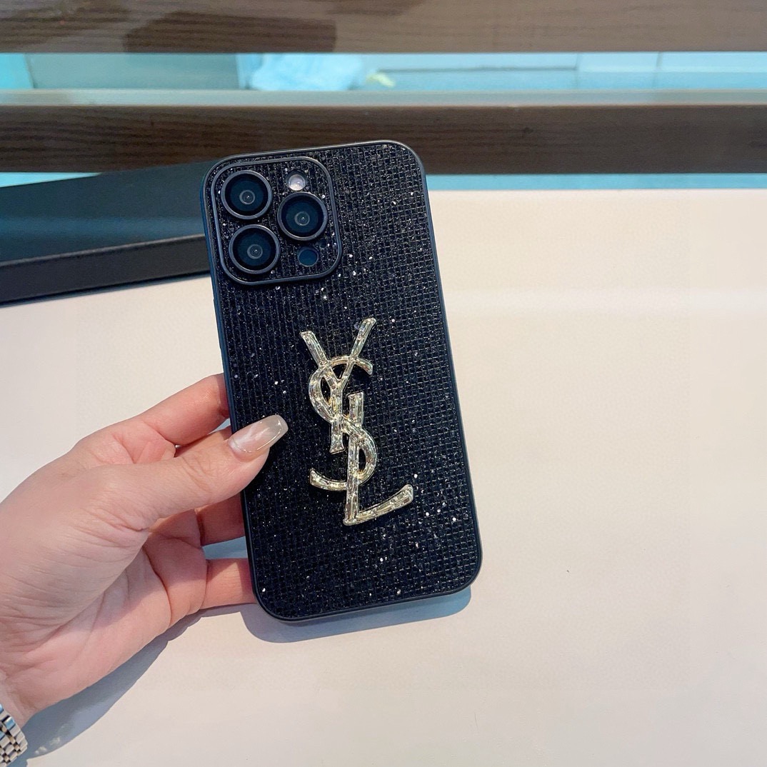 YSL Black Glitter Vertical Stripe 3D Gold Logo Luxury Phone Case