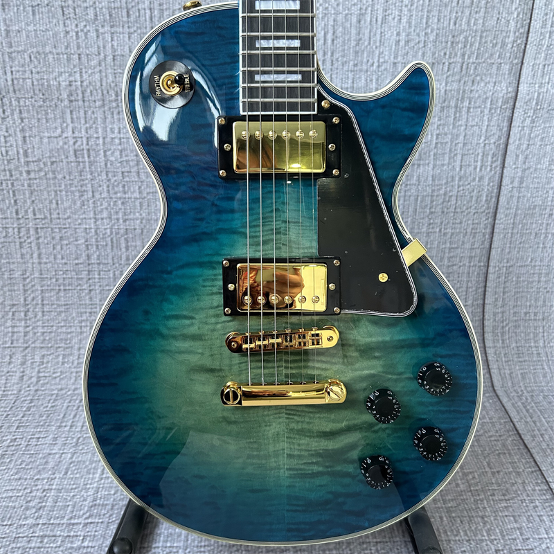 LP Blue Electric Guitar Gold Parts Black Pickguard Fixed Bridge 6 Strings