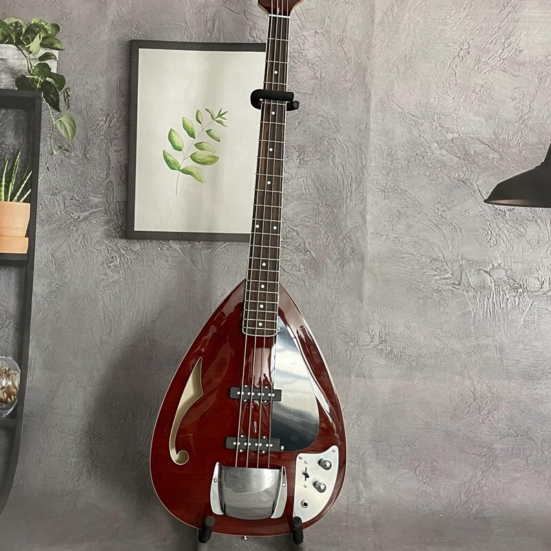 4 Strings Brown Electric Bass Semi-Hollow Body Drop Shape Rosewood Fretboard 21F