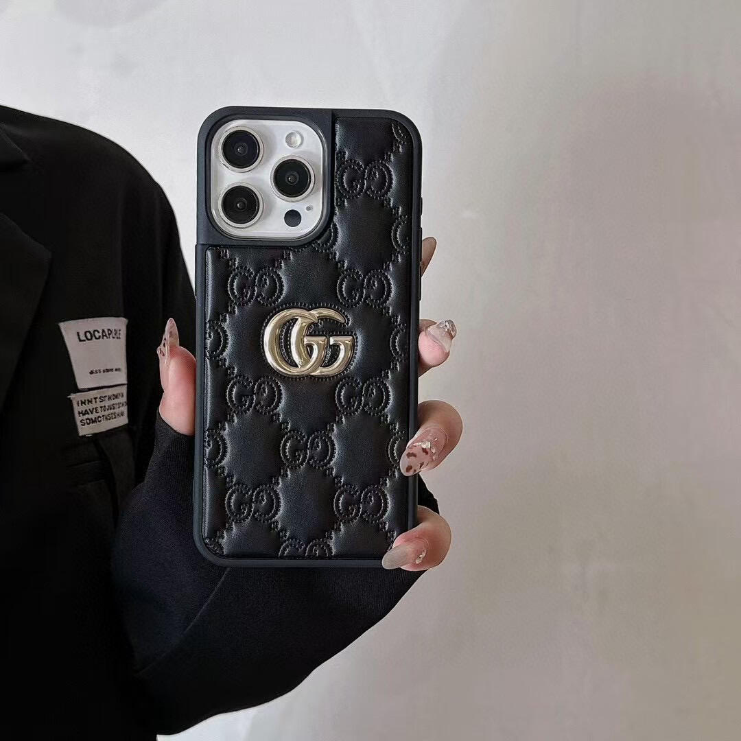 Gucci Embossed GG Monogram Metal Logo Premium Leather Luxury Phone Case