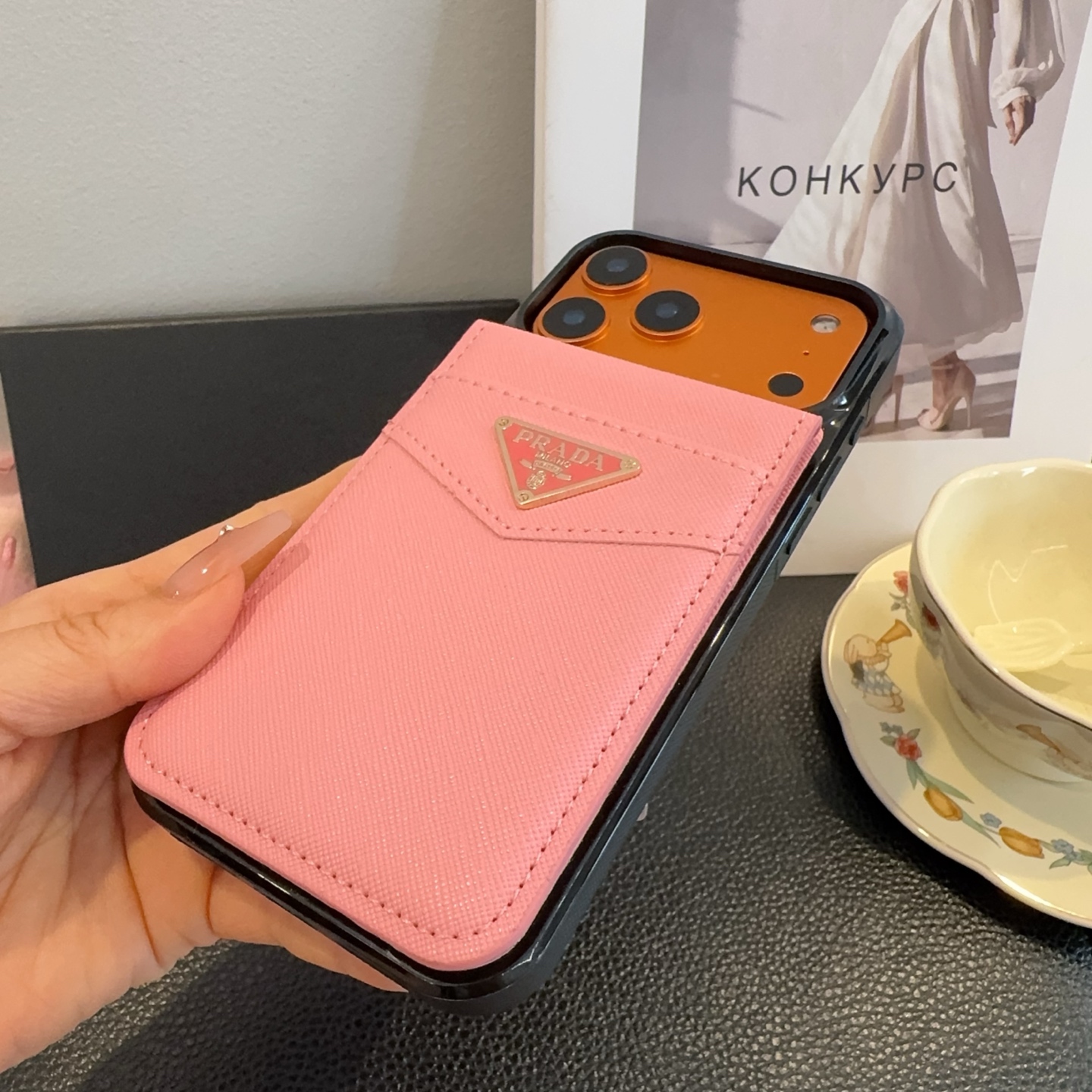 Prada Saffiano Leather Flip Wallet Card Holder Luxury Phone Case