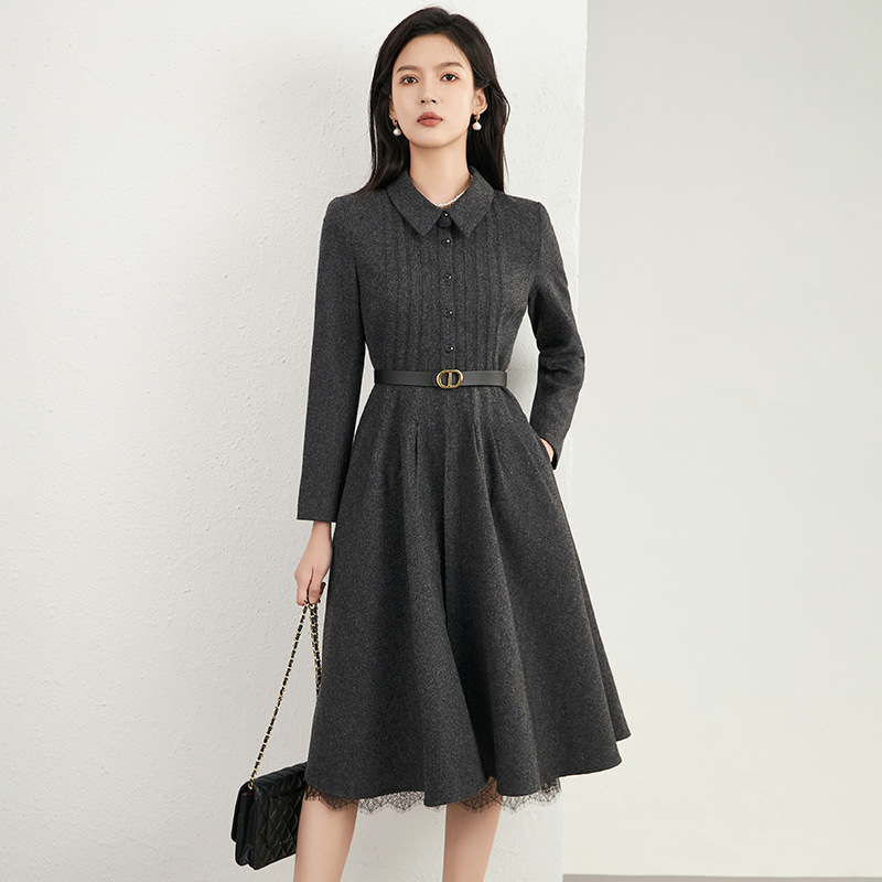 Women's Dress with Tweed Pattern Heavy Wool Waist Cinching Full Skirt Quality Name Lady Midi Dress