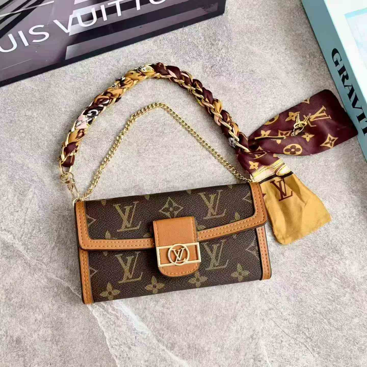 LV Monogram Baguette Shoulder Bag Mini Flap Handbag With Silk Scarf Chain Strap