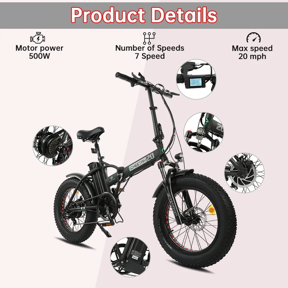 ECOTRIC 20in Folding Fat Tire Electric Bike, 500W, 48V, Black