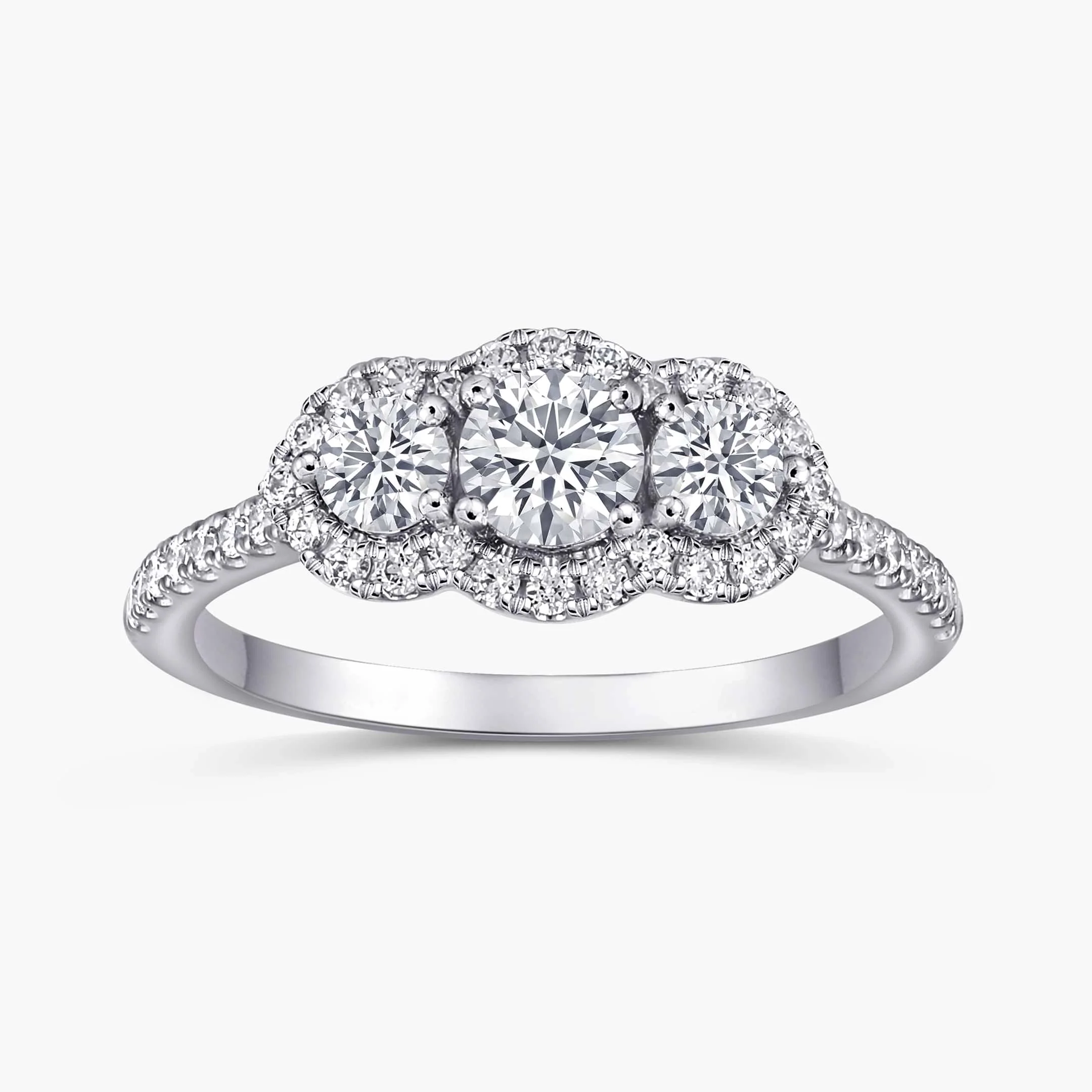 Sasha 2 ctw Round Lab Grown Diamond Halo Three Stone Engagement Ring