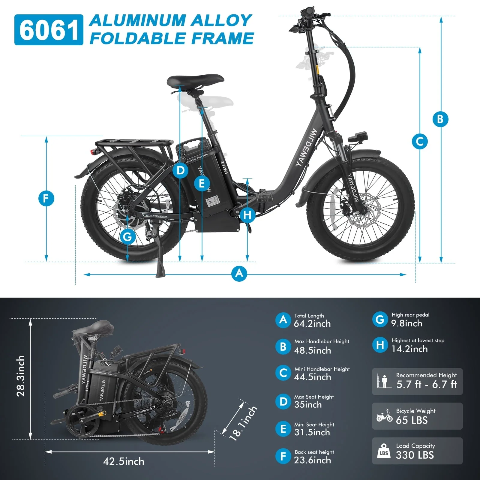 Wildeway 20in Folding Fat Tire Electric Bike, 750W, 48V 32Ah, Black