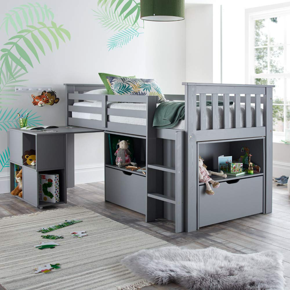 Milo Grey Wooden Mid Sleeper Kids Bunk Bed with Pocket Sprung