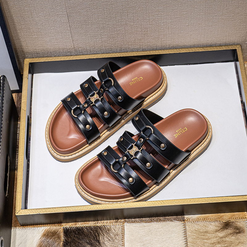 Celine Triomphe Leather Strap Sandals