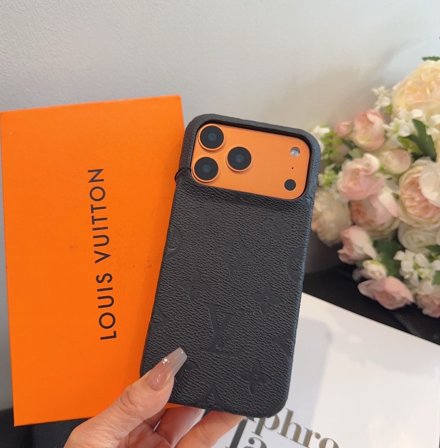 Louis Vuitton Style Embossed Monogram Leather Slim Phone Case
