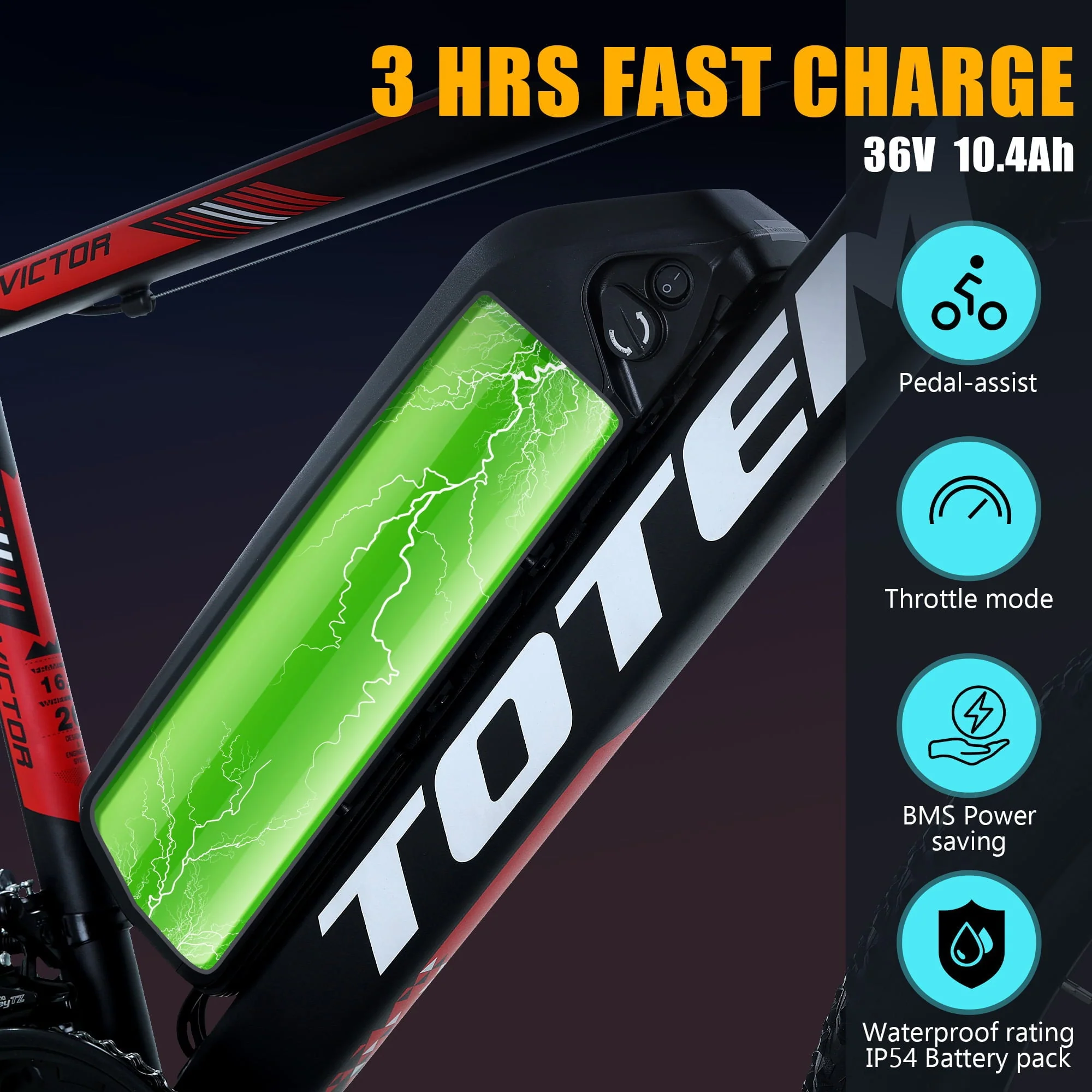 Totem Victor 2.0 26in Electric Mountain Bike, 350W, Black/Red