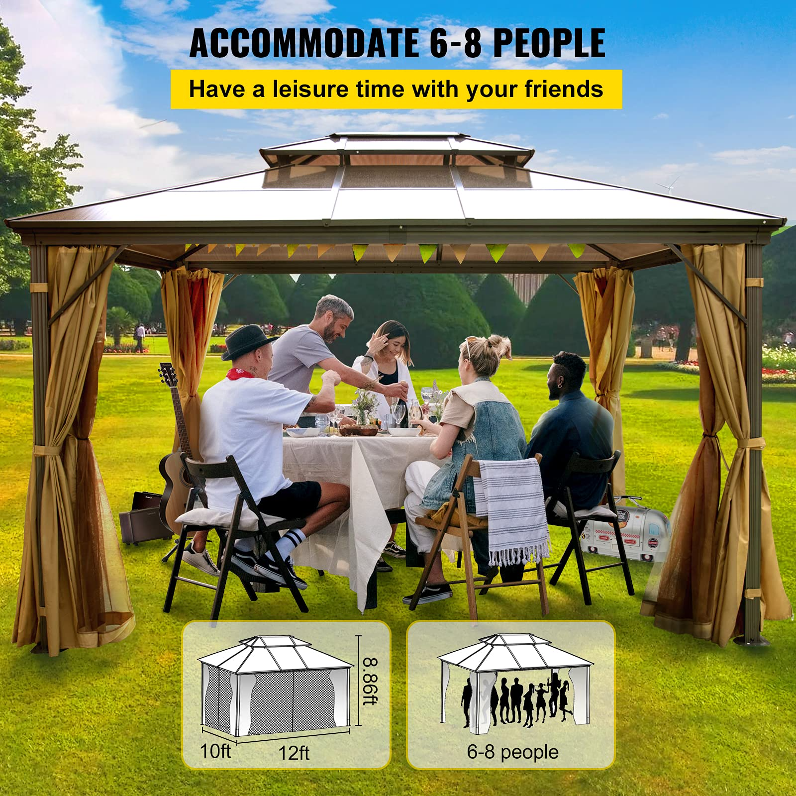 Hard Top Gazebo 10' x 12' with Netting - Metal Gazebo