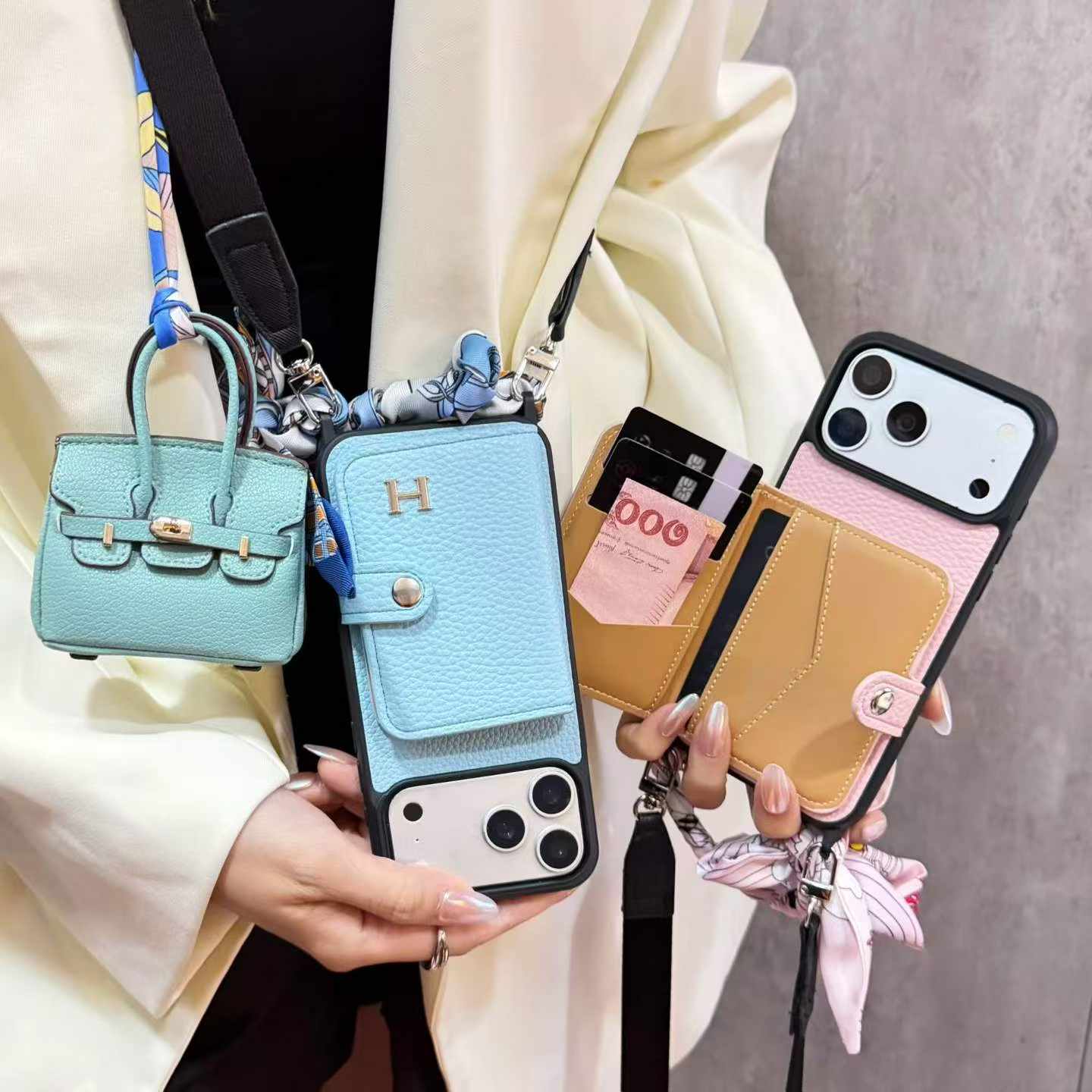 Litchi Grain Leather Wallet Flip Phone Case With Mini Handbag Pendant, Detachable Crossbody Strap Protective Cover For Vertical Foldable Phone