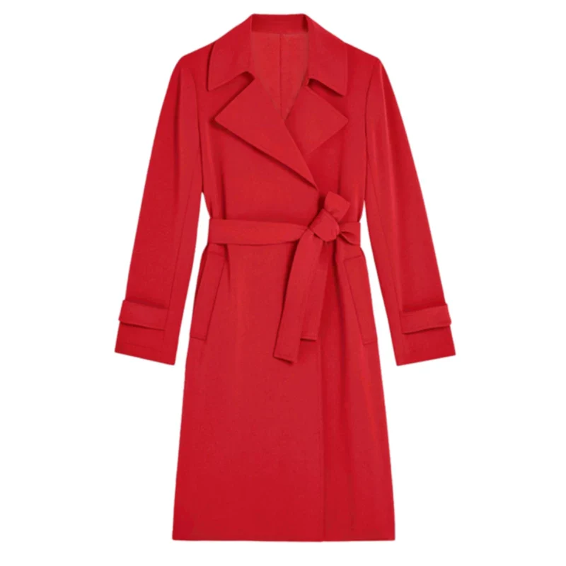 Solid color tie-waist mid-length trench coat