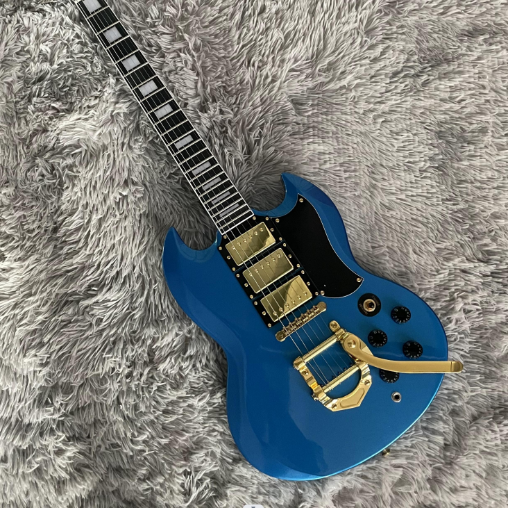 Electric Guitar Blue Small Vibrat HHH Pickups Bone Nut mahogany body