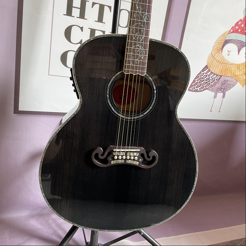 Handmade 43’ J200 Acoustic Electric Guitar Black with Pickups Solid Spruce
