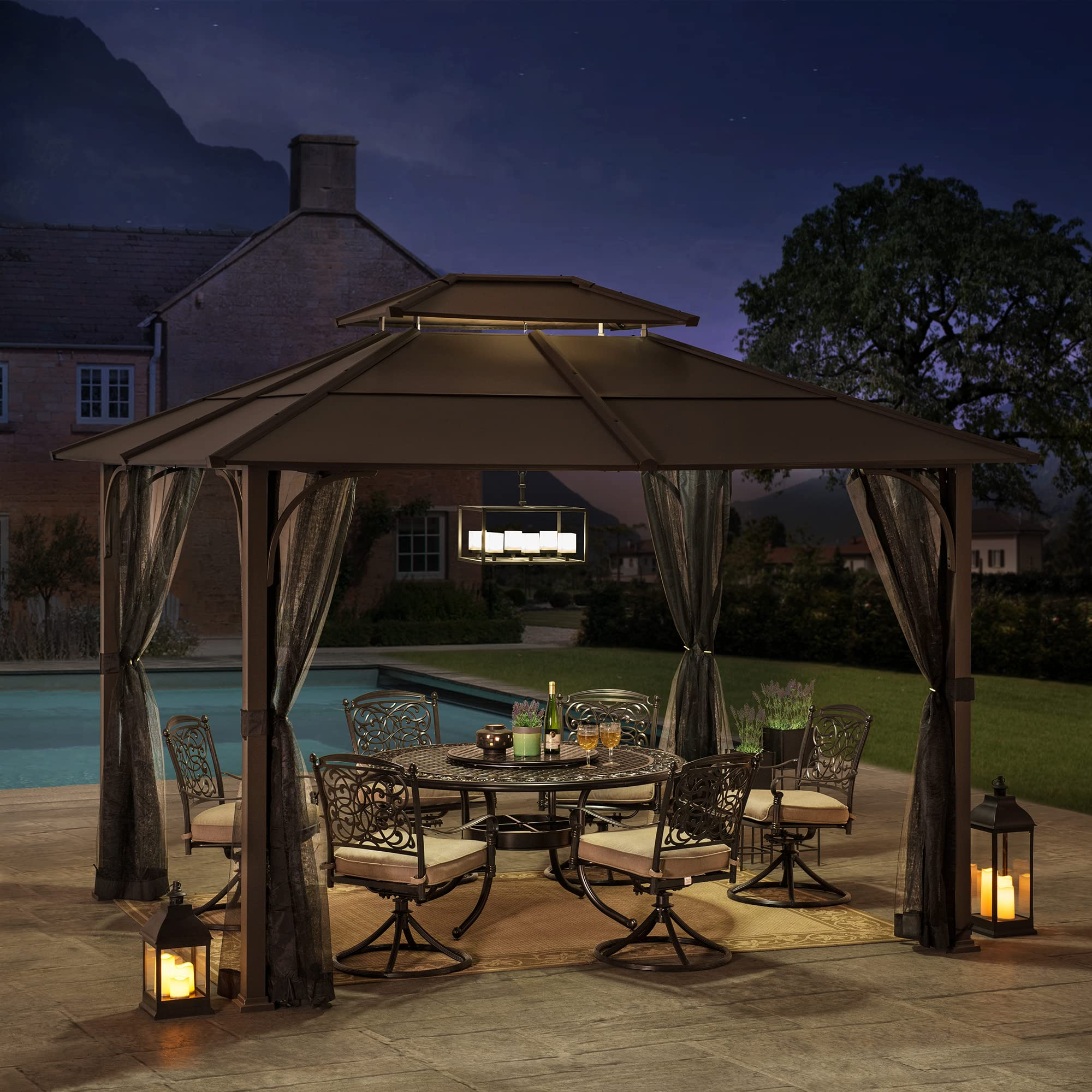 10x12 Brown Steel Gazebo with 2-Tier Hip Roof Hardtop
