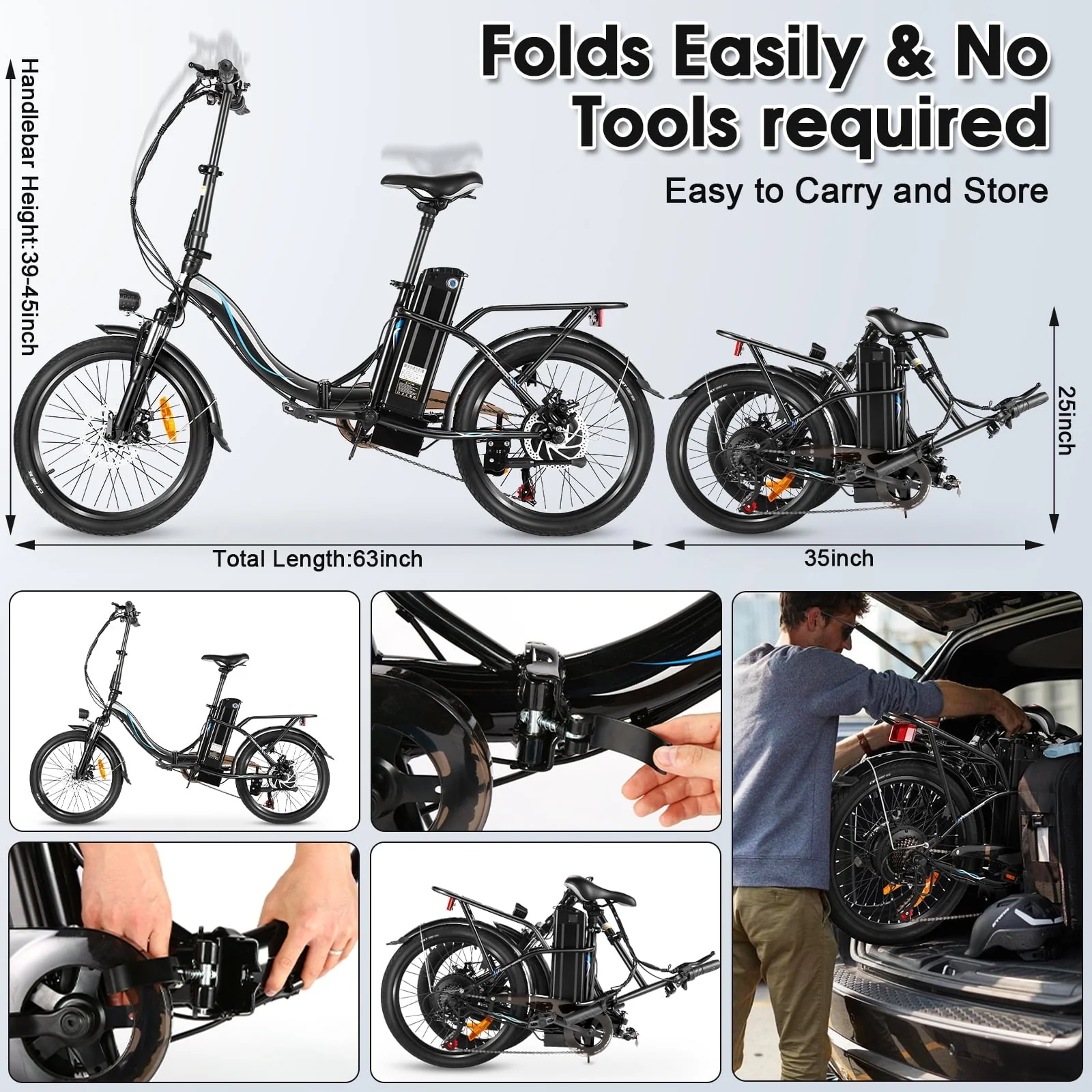 Elifine 20in Folding Electric Commuter Bike, 500W, 48V 7.8Ah