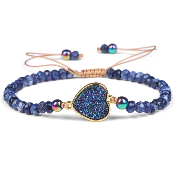 Natural Blue Sodalite Heart Druzy Charm Bracelet Handmade Women Boho Bracelet