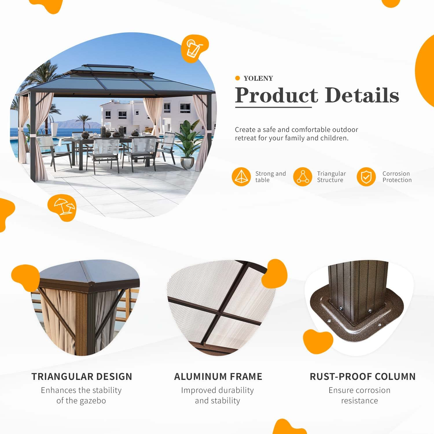 Hardtop Polycarbonate Gazebo Canopy Curtains Aluminum Frame