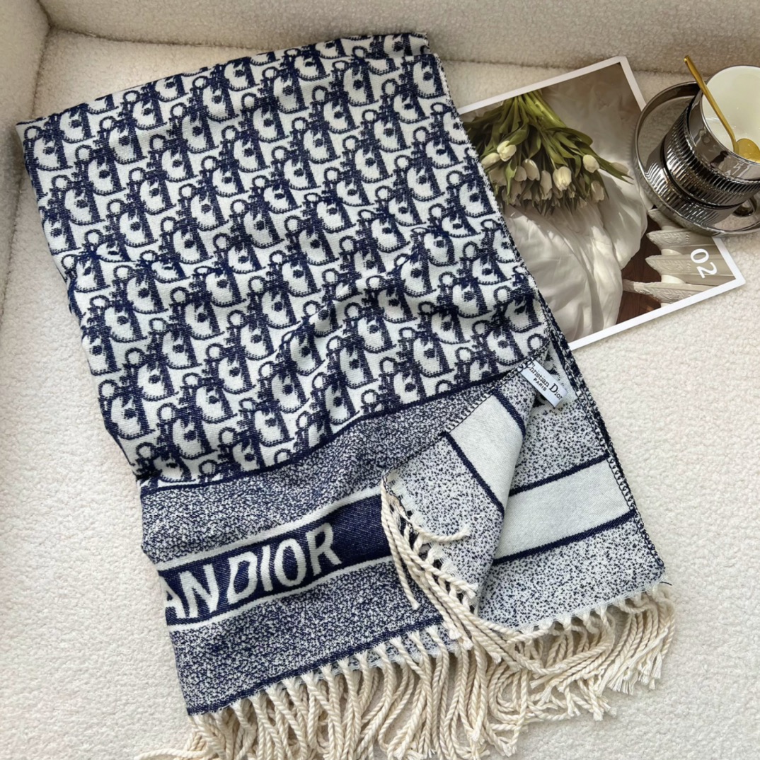 Dior Oblique Cashmere Scarf Beige and Navy