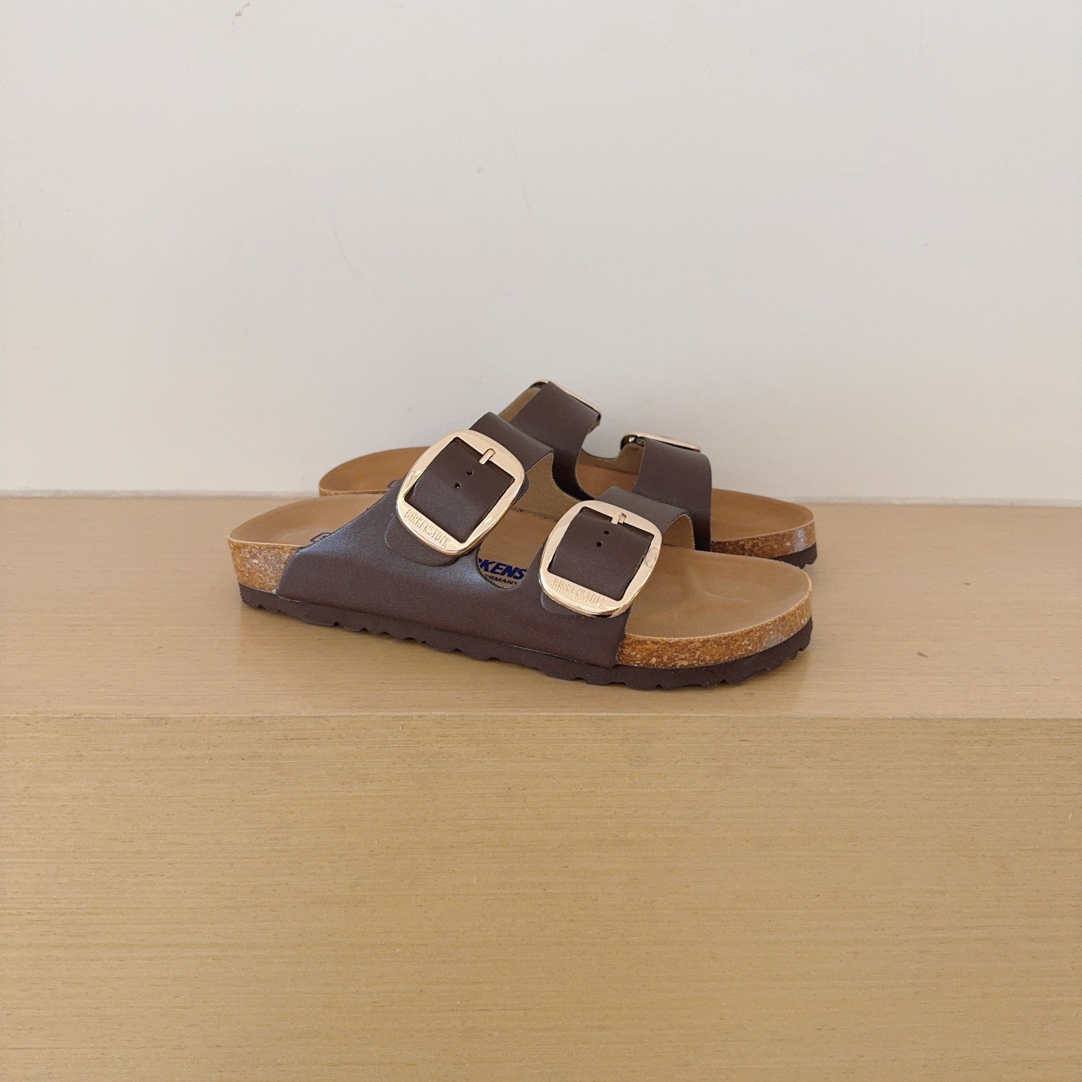 Round Gold Buckle Birken-Style Two-Strap Sandals