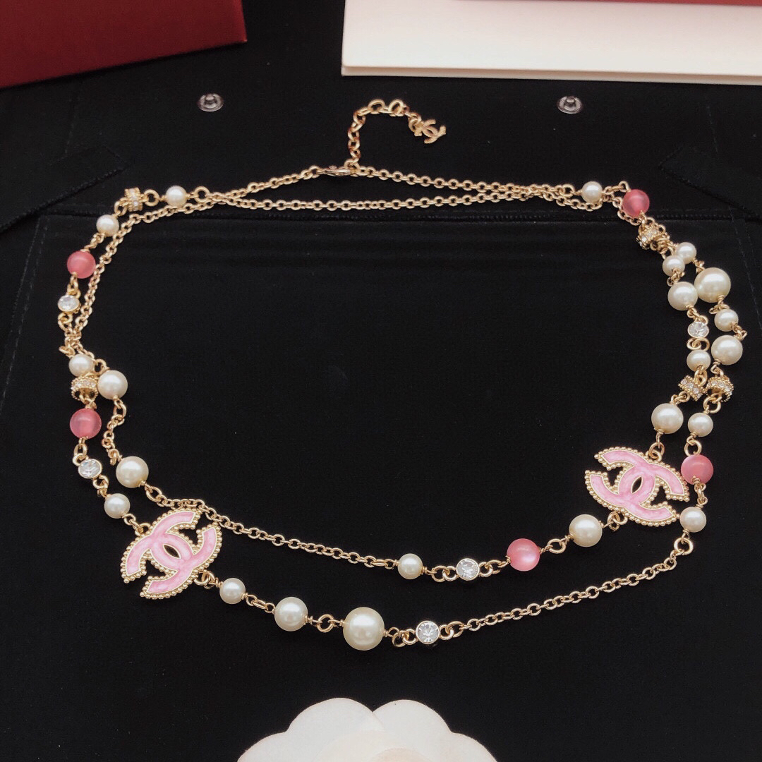Chanel Light Gold-Tone Metal Faux Pearl Pink Enamel Double CC Long Necklace