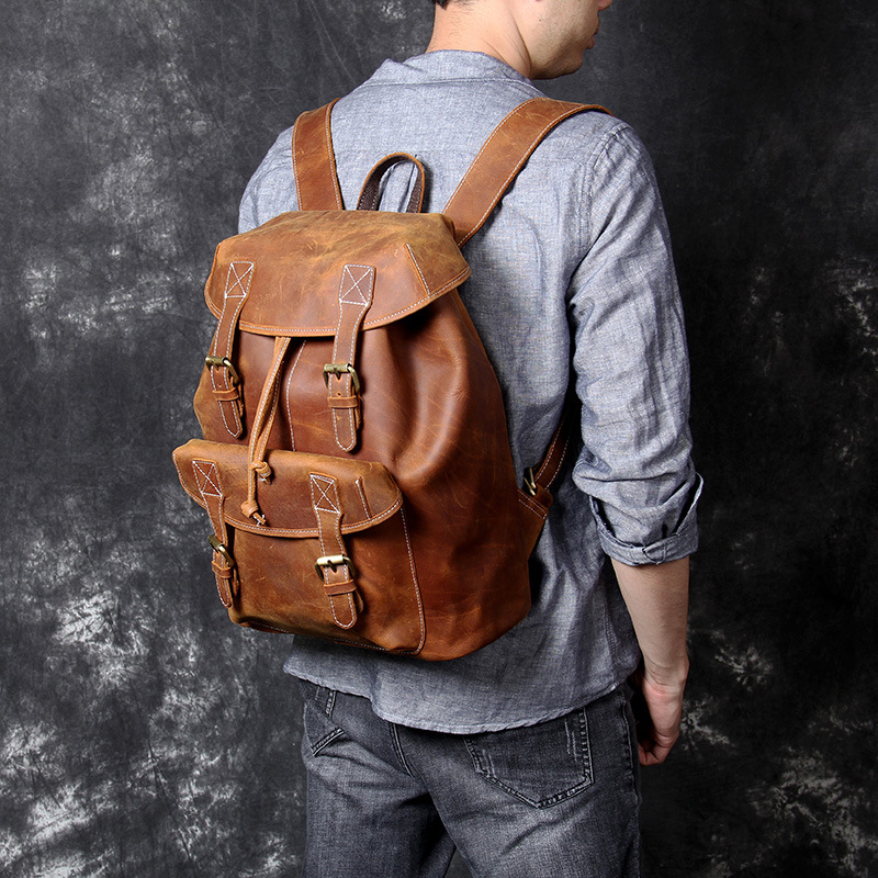 Vintage Full-Grain Leather Drawstring Backpack - Timeless Adventure for the Modern Explorer