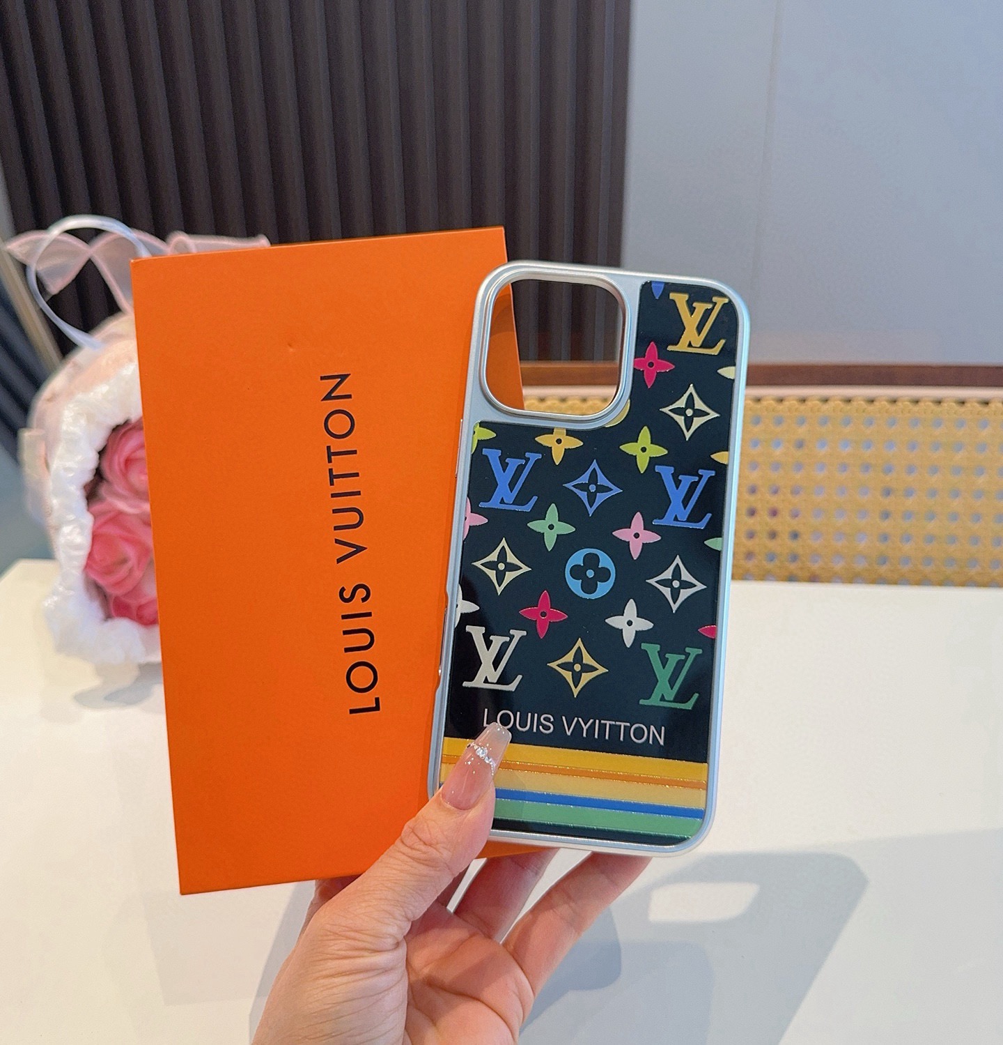 LV New Arrival Gilded Craft Electroplated Glass Phone Case