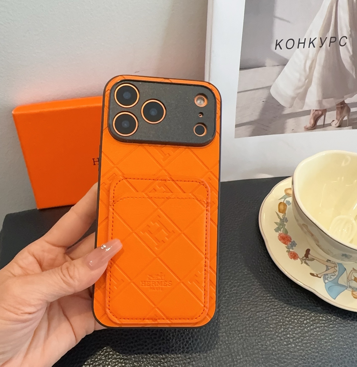 Hermès Embossed Monogram Leather Card Holder Phone Case