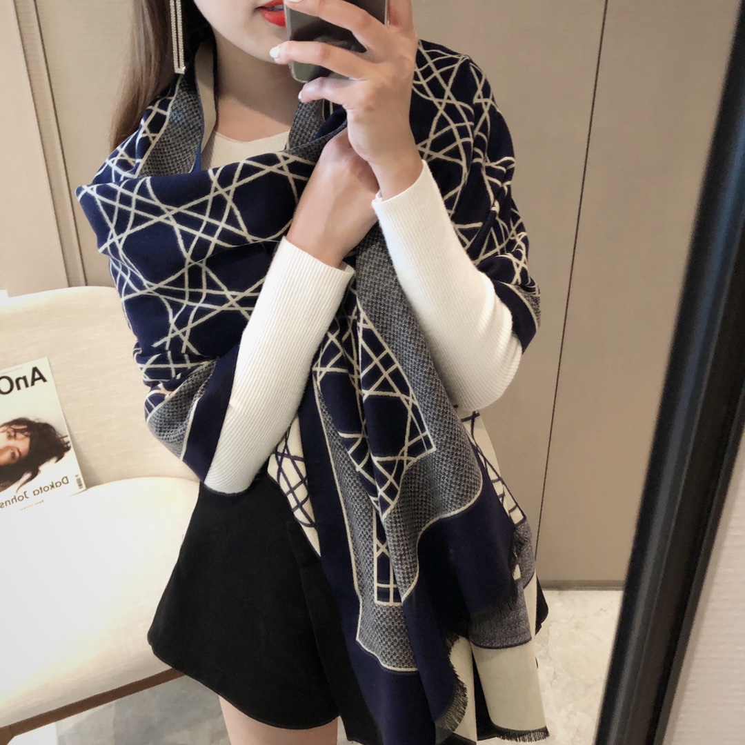 Dior Geometric Print Cashmere Scarf Navy and Grey product images