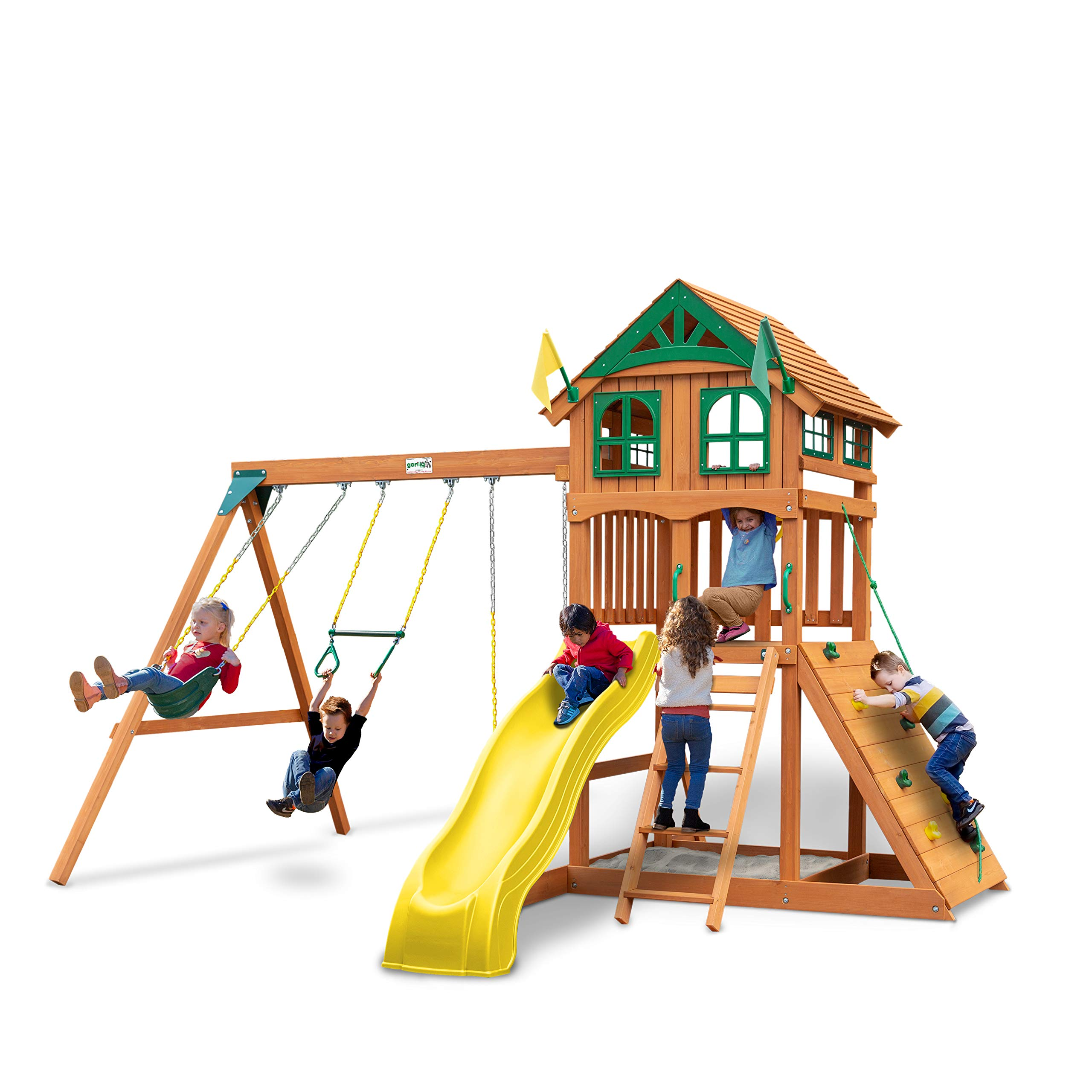 Gorilla Playsets Wood Swing Set with Wood Roof & Yellow Slide