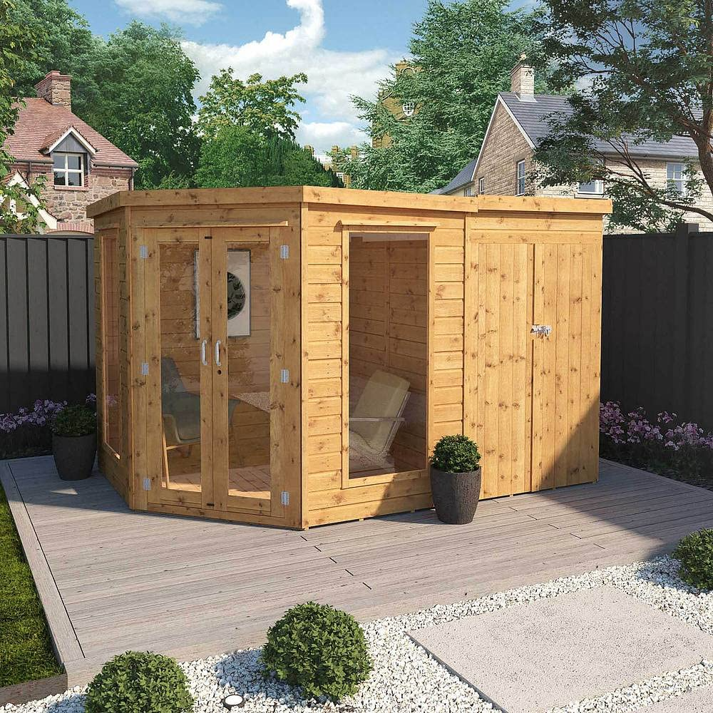 Wooden Corner Summerhouse with Side Shed 11x7 Garden Storage