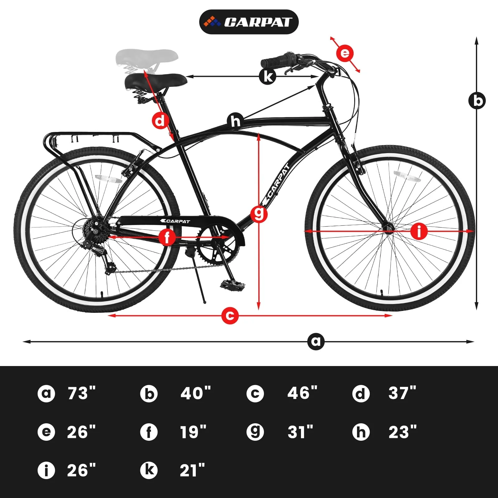 26in Beach Cruiser Bicycle, 7-Speed, Black