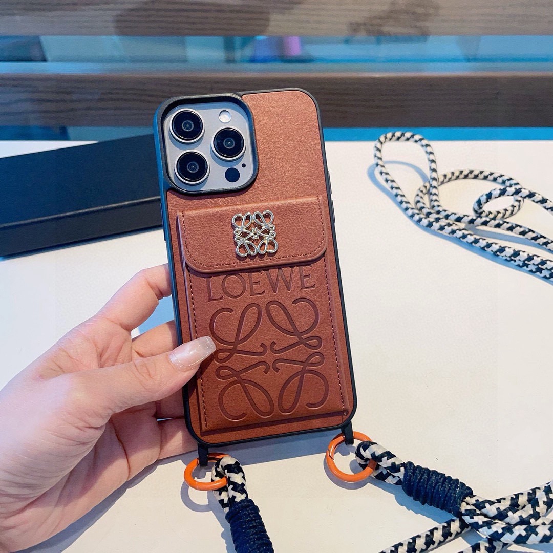 Loewe Style Leather Card Holder Phone Case with Crossbody Woven Strap