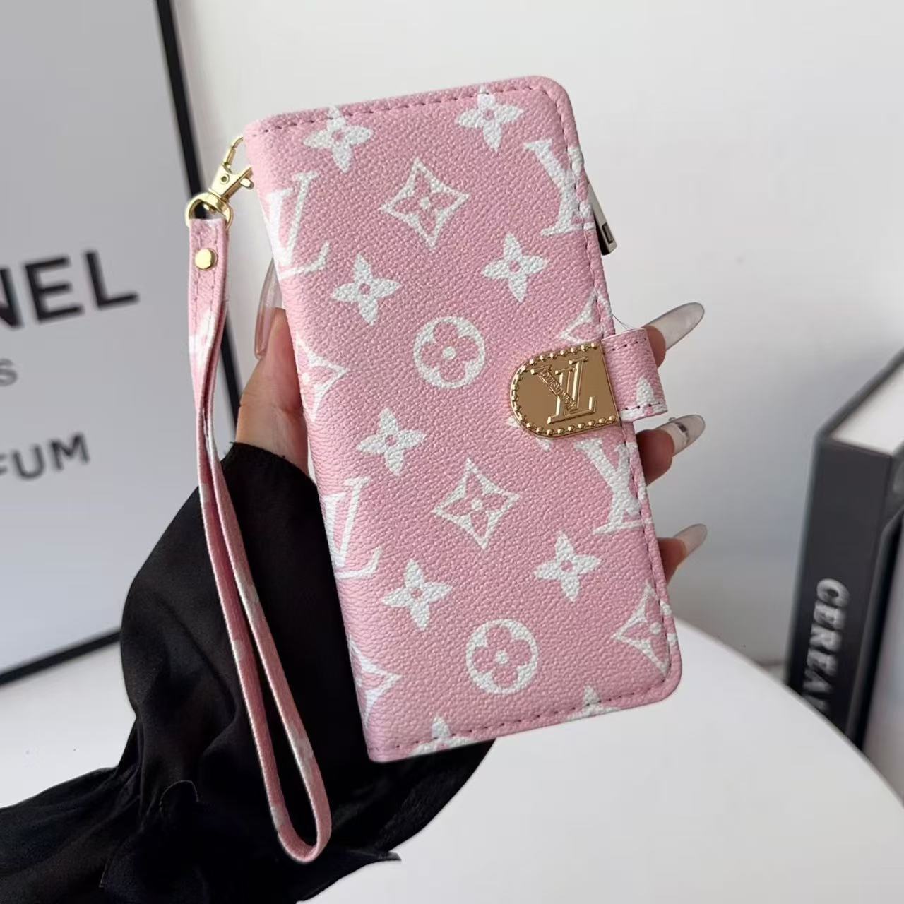 LV & GG Classic Monogram Flip Wallet Phone Case Multi Card Slots Zipper Purse With Wrist Strap