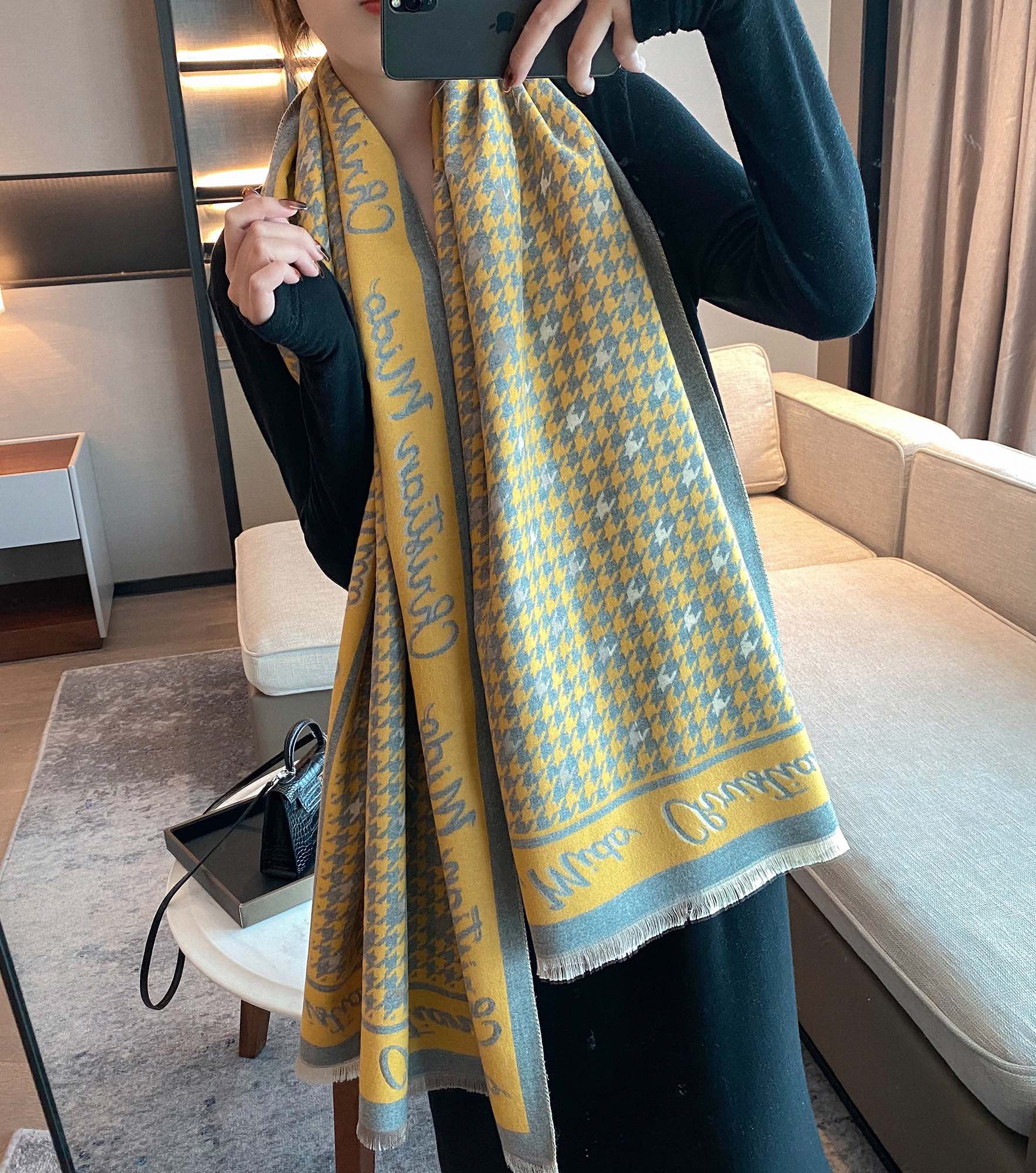 Dior Houndstooth Scarf Beige and Yellow