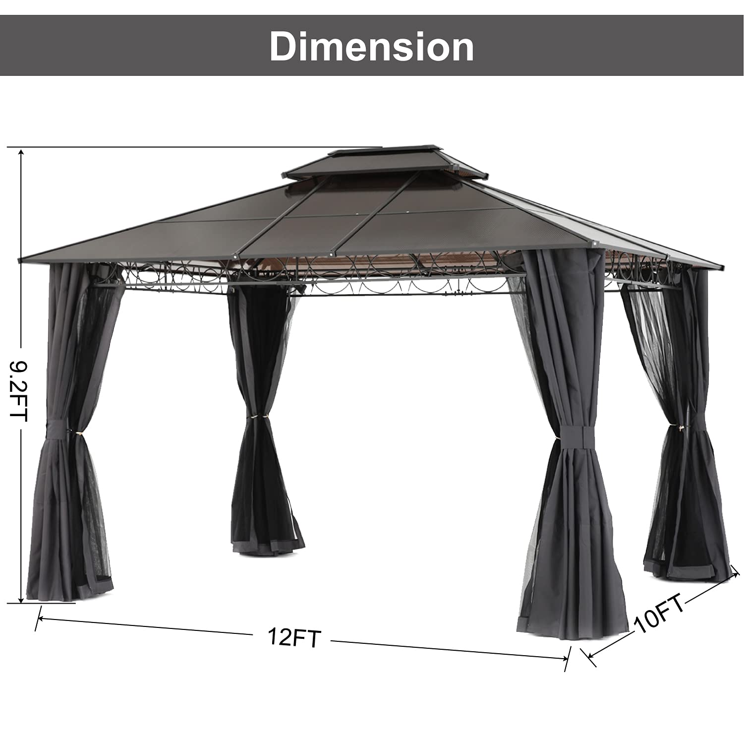 Double Roof Hardtop Patio Gazebo Canopy Frame with Netting