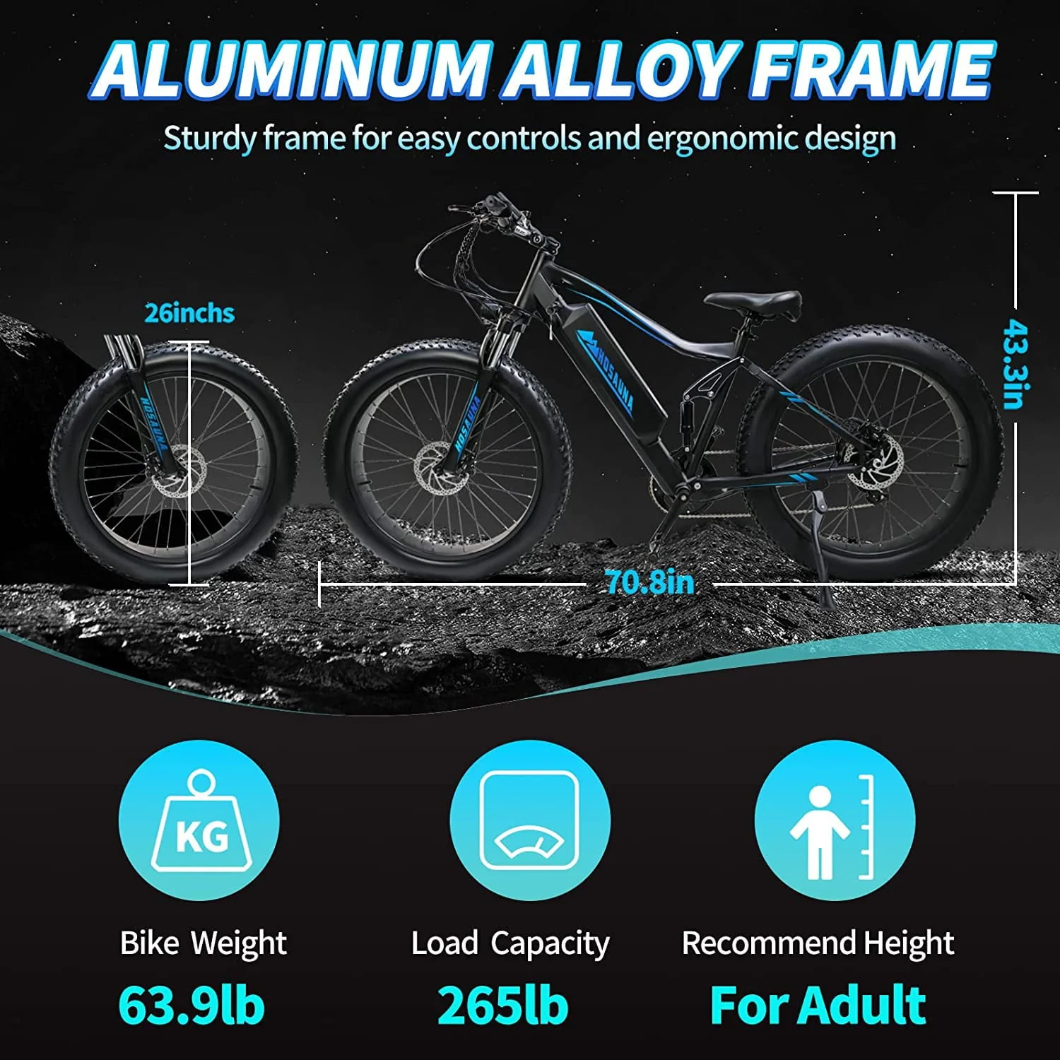 26in Fat Tire Electric Mountain Bike, 500W, 48V 15Ah, Black