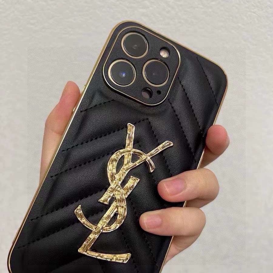 YSL V-Shaped Quilted Leather Diamond Metal Logo Electroplated Frame Luxury Phone Case