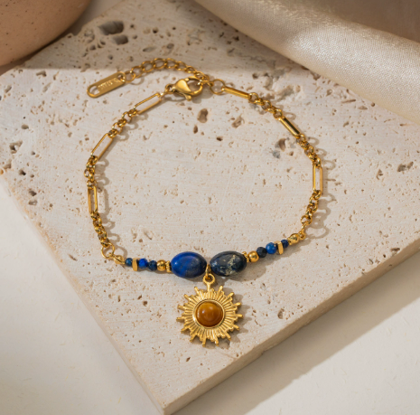 Natural Lapis Lazuli Sun Pendant Bracelet | Gold Plated Stackable Chain Bracelet