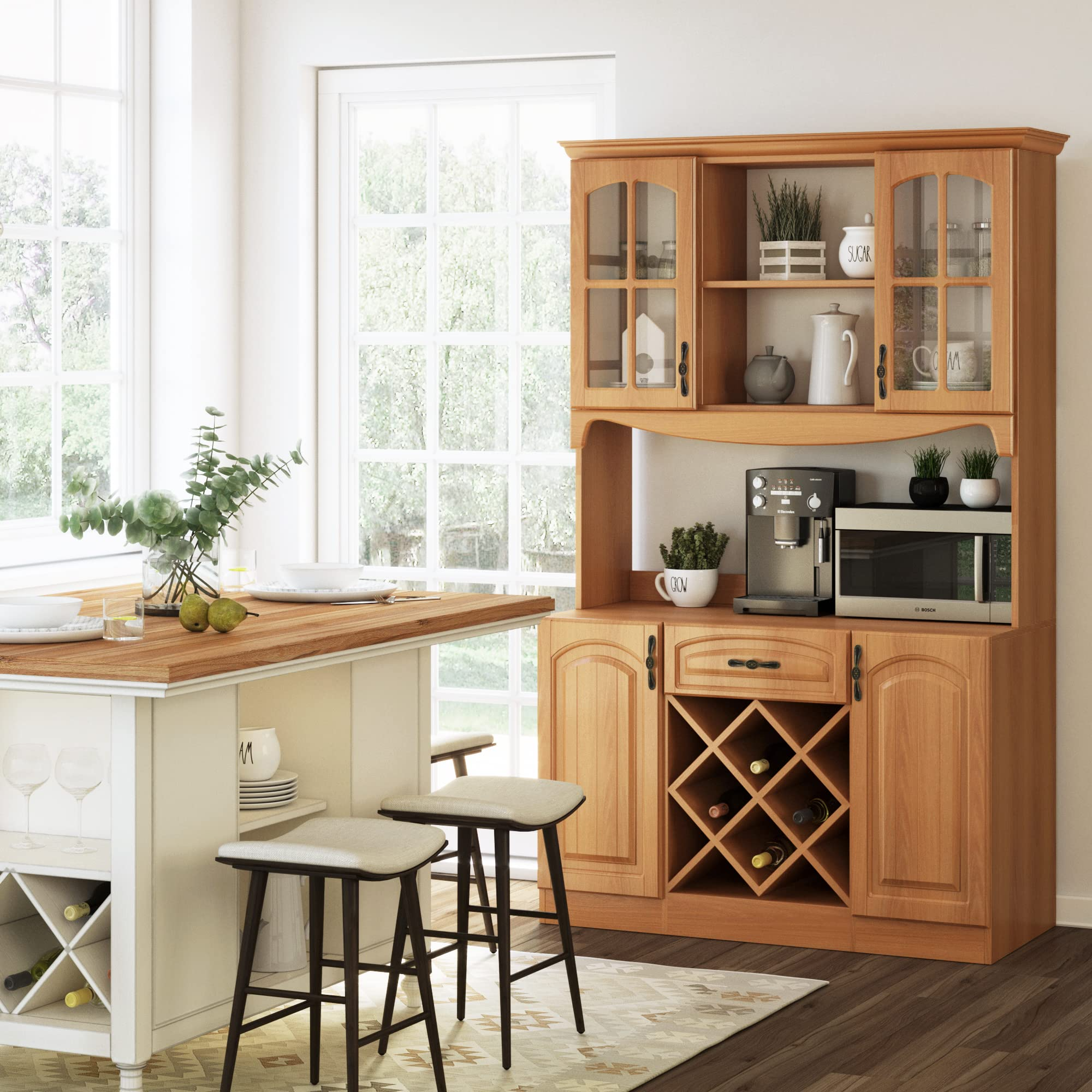 73" Pantry Buffet White Buffet with Wine Rack Drawer & Hutch